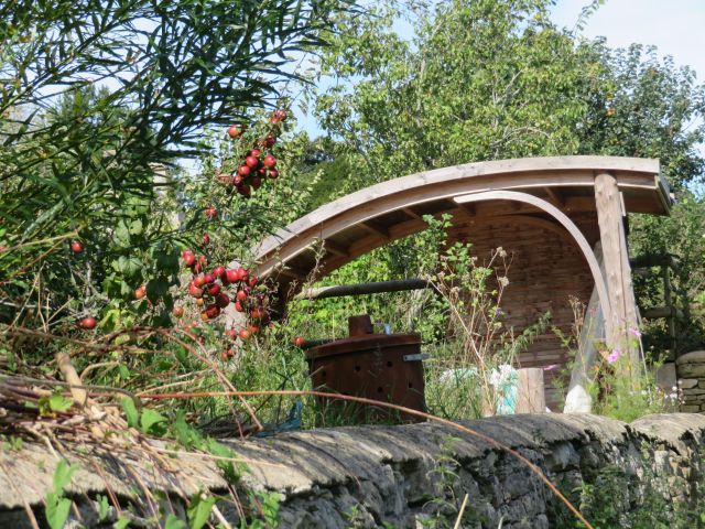 Wooden arched garden structure with plants.