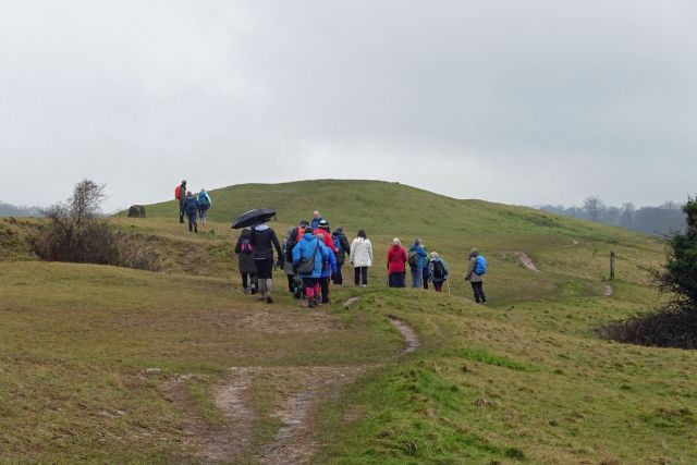 Group hiking on cloudy grassy hill landscape.